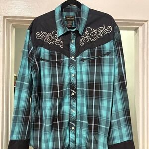 Blue and black plaid button-up shirt‎ with embroidered details Large